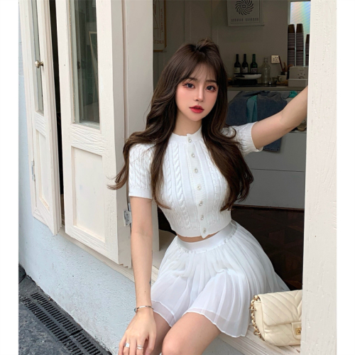 Real price fashion knitted short sleeved belly button top women's pleated high waist short skirt fashion