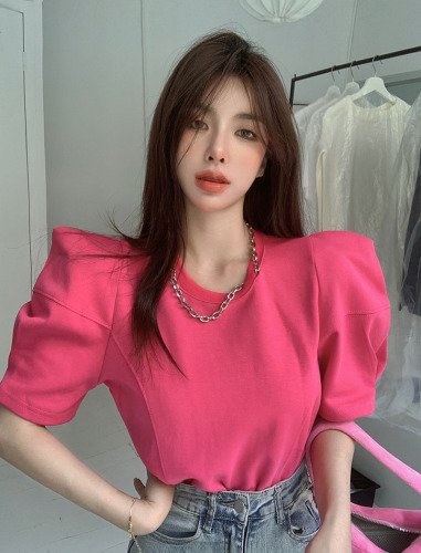 Real price! Design sense of niche round neck chain bubble short sleeve T-shirt loose rose top women 1469