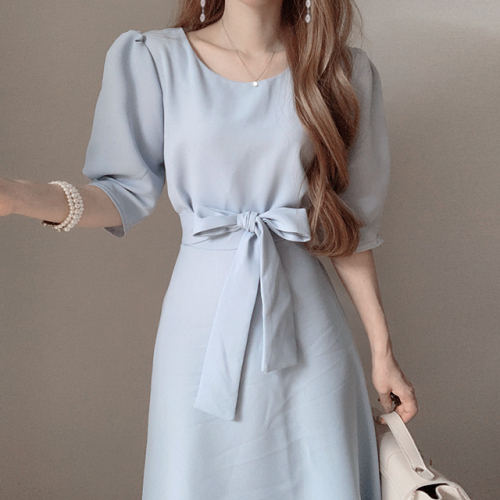 Korean chic retro simple solid color bow tie lace up waist Short Sleeve Dress