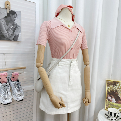 Retro chic Short Sleeve Polo neck knitted cardigan women's summer clean version pit stripe thin versatile short Lapel top