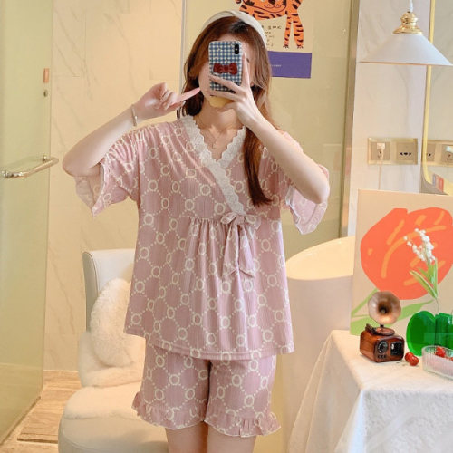 Real shooting of new summer women's kimono pajamas double short lace V-neck pit strip retro style