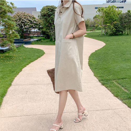 Pol collar small fresh Pullover short sleeve A-line skirt 2022 new single breasted loose medium length Linen Dress Large