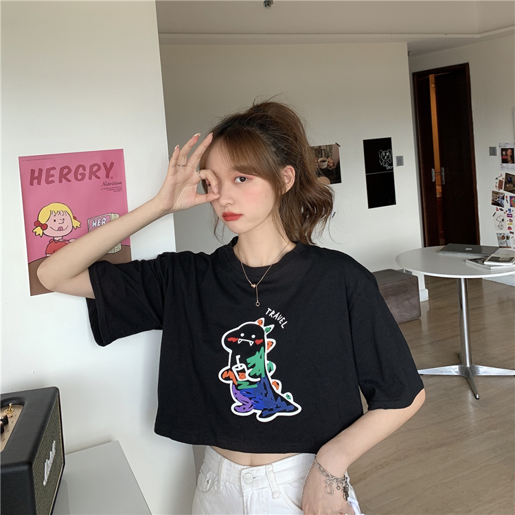 Summer Korean version new loose short cute graffiti dinosaur print small short sleeved top female