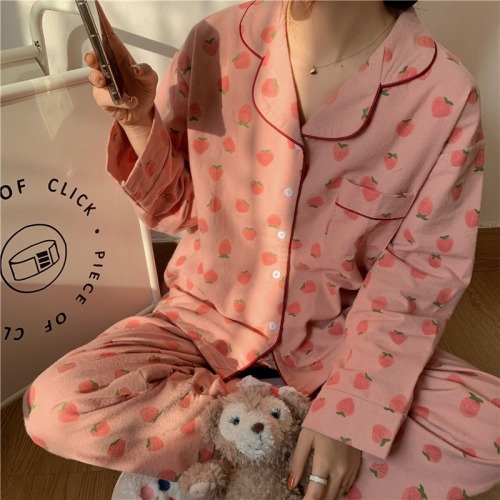 Ins style strawberry sweet spring and autumn long sleeved cardigan pajamas women's spring pajamas set home clothes two-piece set spring and summer