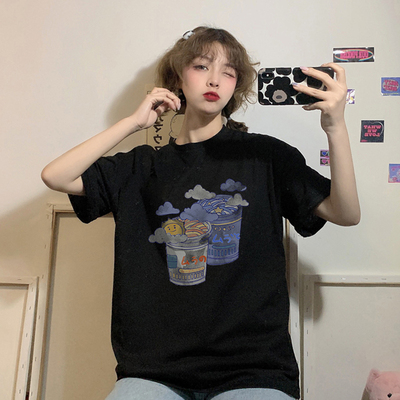 Korean summer new loose fashion personalized printed round neck student versatile short sleeved top female