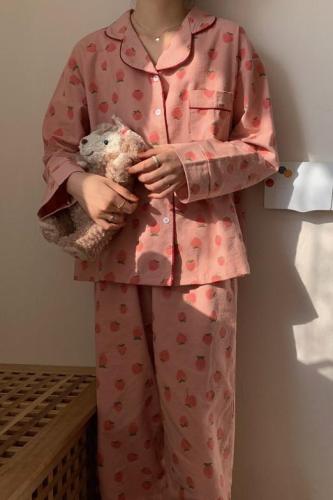 Ins style strawberry sweet spring and autumn long sleeved cardigan pajamas women's spring pajamas set home clothes two-piece set spring and summer