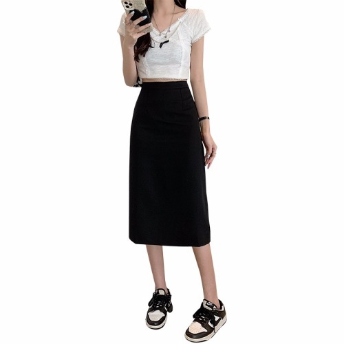 Real shot with inner lining + zipper skirt, women's high waist and thin suit skirt, split A-shaped bag hip skirt