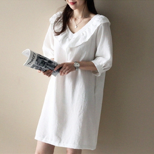 Korean Ruffle large V-neck medium sleeve straight skirt  spring and summer new small fresh thin wash linen dress