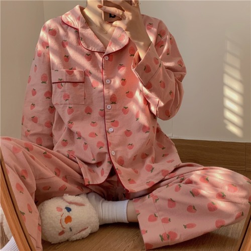 Ins style strawberry sweet spring and autumn long sleeved cardigan pajamas women's spring pajamas set home clothes two-piece set spring and summer
