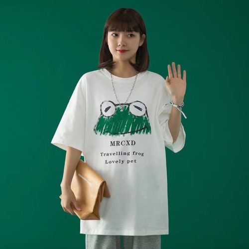 Cotton bonded short sleeve women's Korean version loose Hong Kong Style Harajuku style retro top trendy students
