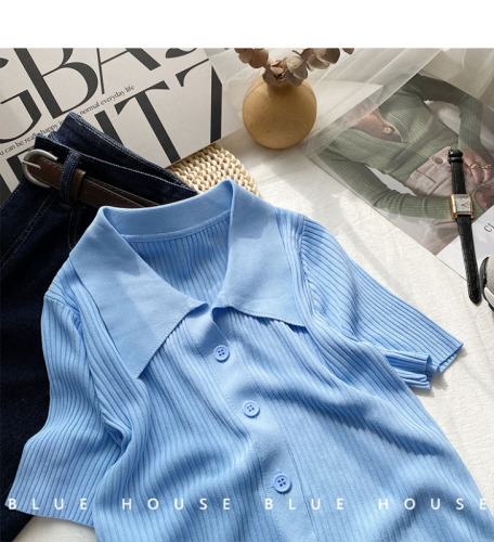 Retro chic Short Sleeve Polo neck knitted cardigan women's summer clean version pit stripe thin versatile short Lapel top