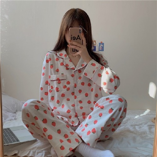 Ins style strawberry sweet spring and autumn long sleeved cardigan pajamas women's spring pajamas set home clothes two-piece set spring and summer