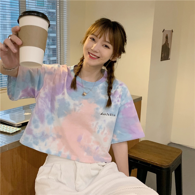 2022 new summer tie dyed short, navel exposed loose Korean personalized women's top