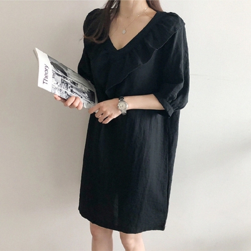 Korean Ruffle large V-neck medium sleeve straight skirt  spring and summer new small fresh thin wash linen dress