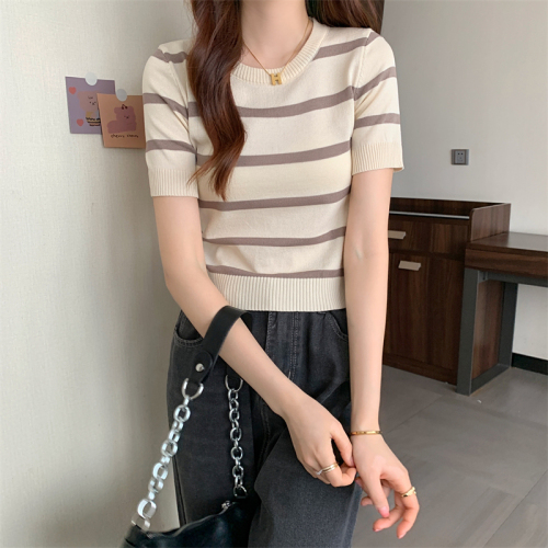 Real shooting and real price summer new classic stripe Short Sleeve Sweater Top Women's foreign style versatile thin short T-shirt