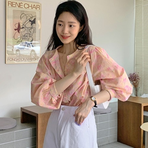 Flower round neck single breasted loose Lantern Sleeve thin sunscreen Shirt Top