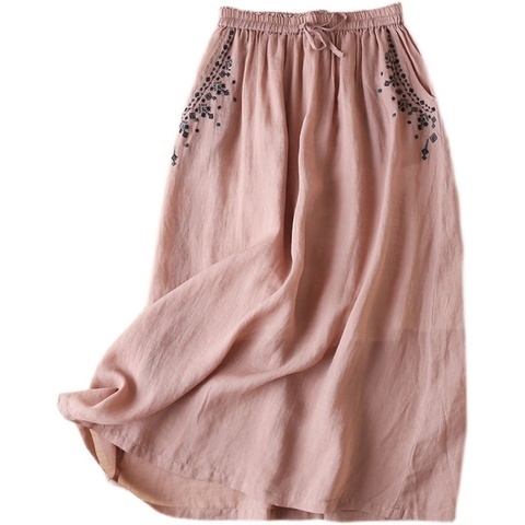 Drop sense embroidery skirt  new spring and summer thin loose literary leisure medium long cotton linen A-line skirt for women