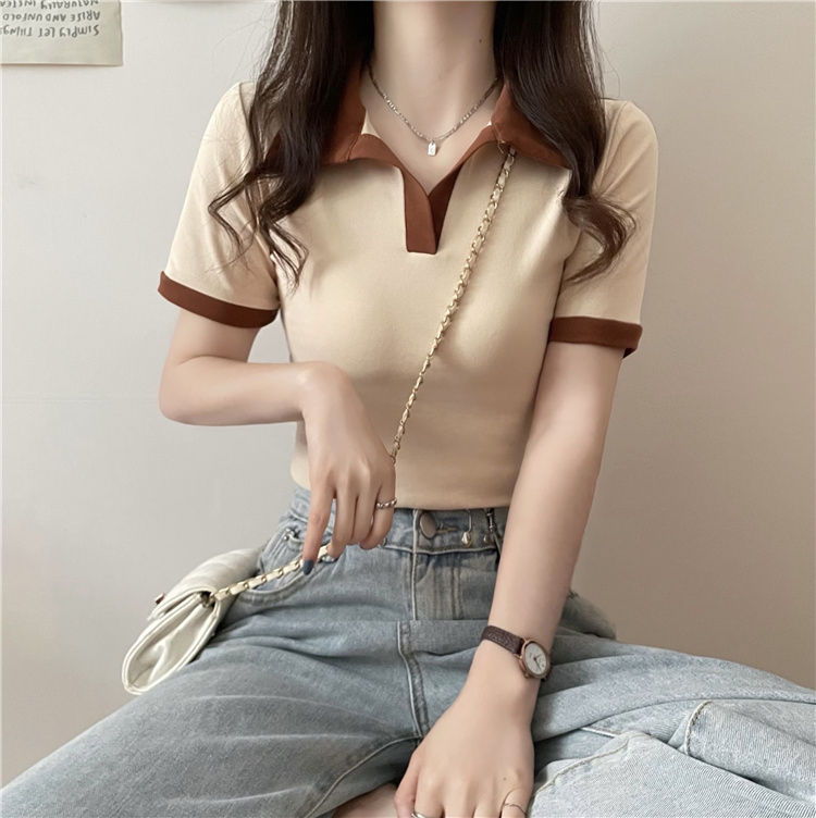 Real price and real shooting ~ New V-neck color contrast polo shirt color contrast short sleeve T-shirt short top