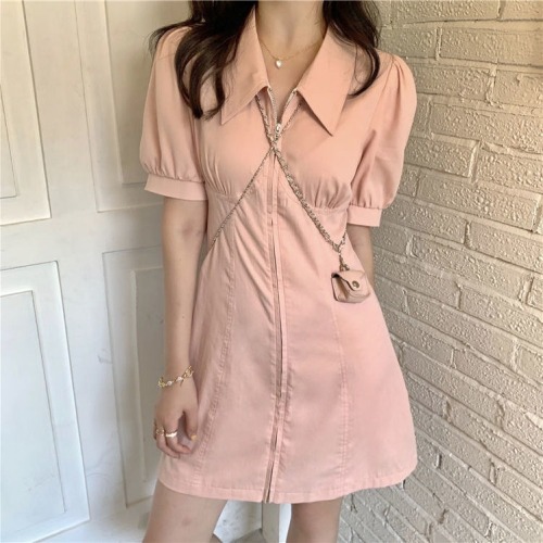 2022 new spring dress design sense of minority polo collar bubble sleeve pink shirt dress children's summer dress
