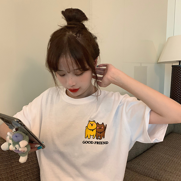 Korean summer new loose large version with lovely cartoon print inside, versatile short sleeved T-shirt, female