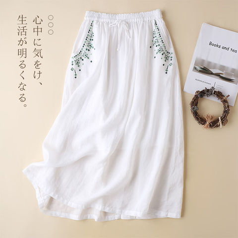Drop sense embroidery skirt  new spring and summer thin loose literary leisure medium long cotton linen A-line skirt for women