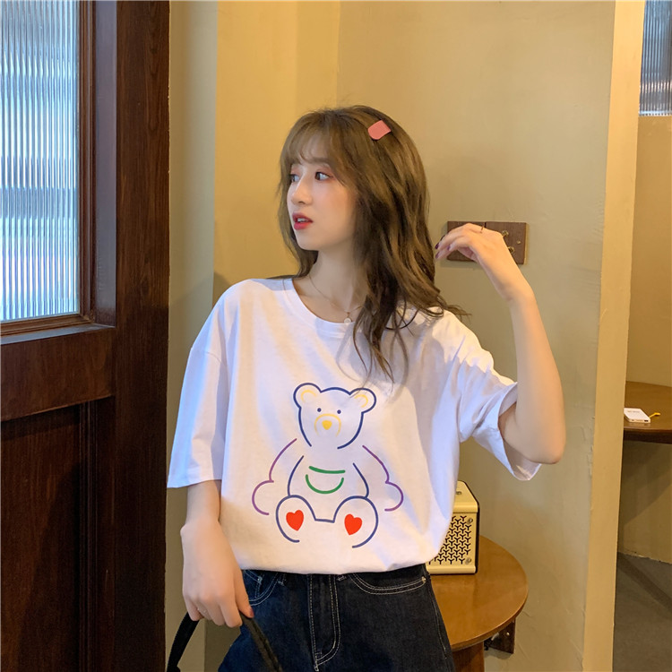 Korean new loose and versatile round neck Pullover age reducing cartoon printed Short Sleeve T-Shirt Top Women's fashion