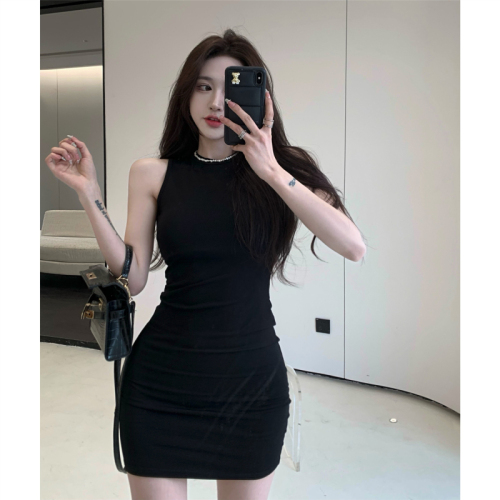 Real price super love sexy backless sleeveless slim wrap hip dress with waist closed to show body black short skirt summer
