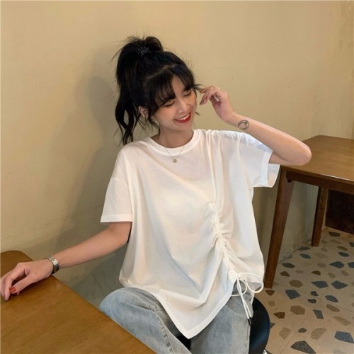 Loose and fat mm Korean college style summer short sleeved T-shirt women's fashion drawstring irregular top fashion