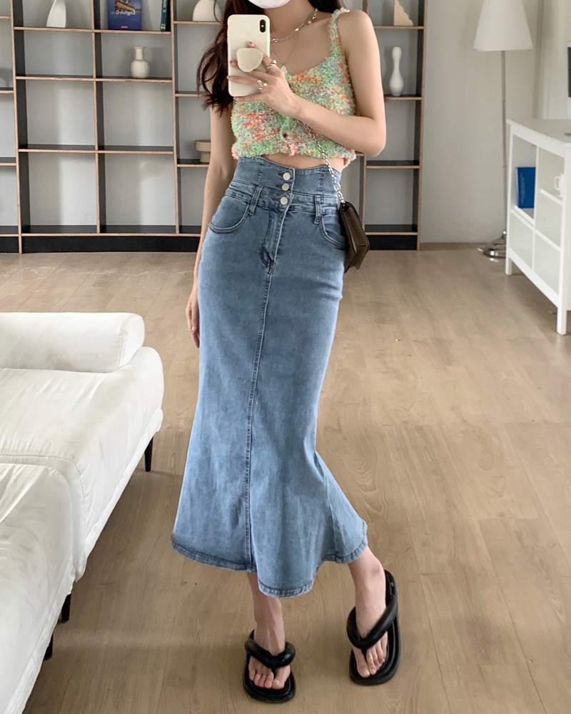 Real price 2022 high waist foreign style three button tight Hip Wrap Skirt fishtail skirt medium length skirt elastic skirt