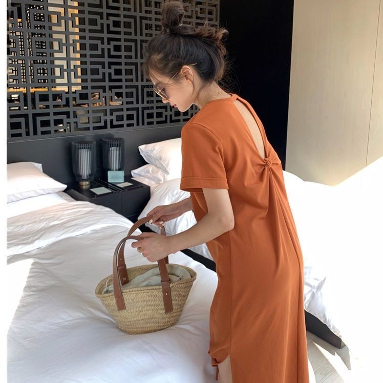 Summer new loose large dress long skirt small fork off backless fashion T-shirt skirt beach skirt