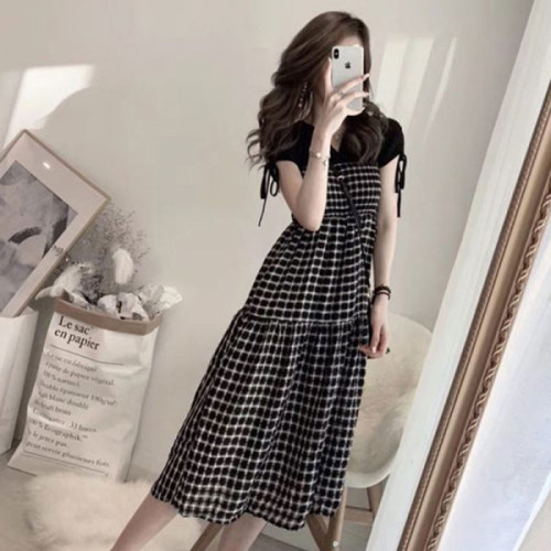 Fake two-piece dress female summer splicing Plaid one-sided shoulder wrap chest skirt Korean version high waist slim fit