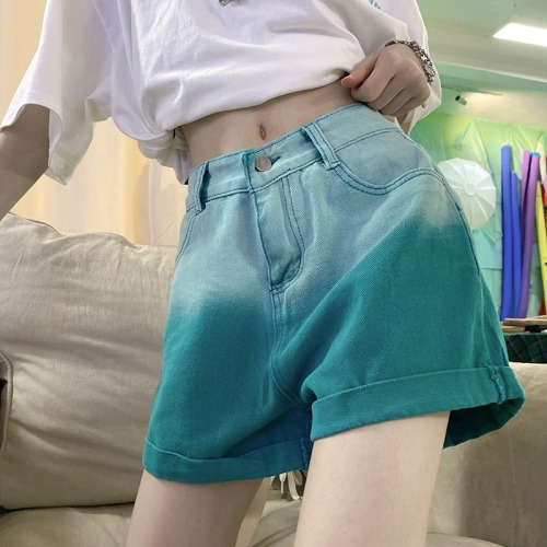 Non real shot spring and summer gradient denim shorts women's loose high waist design feeling thin hot pants fashion