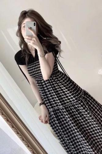 Fake two-piece dress female summer splicing Plaid one-sided shoulder wrap chest skirt Korean version high waist slim fit