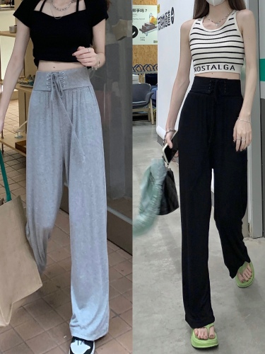 Real price high waist drawstring lace up slim casual pants comfortable knitted elastic pants wide leg pants pants