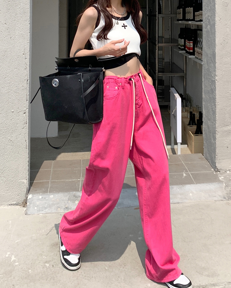 Actual price: Spring 2022 new elastic waist lace up jeans women's high waist loose straight pants