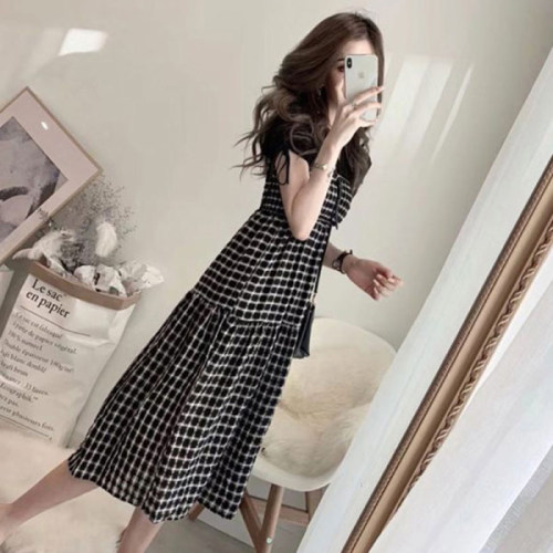 Fake two-piece dress female summer splicing Plaid one-sided shoulder wrap chest skirt Korean version high waist slim fit