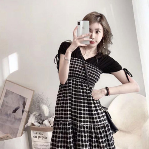 Fake two-piece dress female summer splicing Plaid one-sided shoulder wrap chest skirt Korean version high waist slim fit