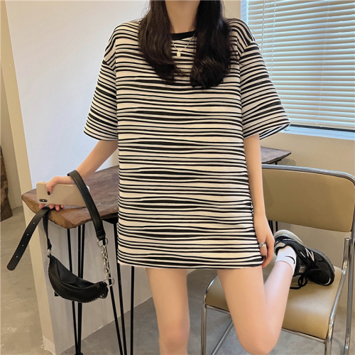Real shooting real price  summer new fabric non wrinkle concave convex three-dimensional irregular stripe loose short sleeve T-shirt