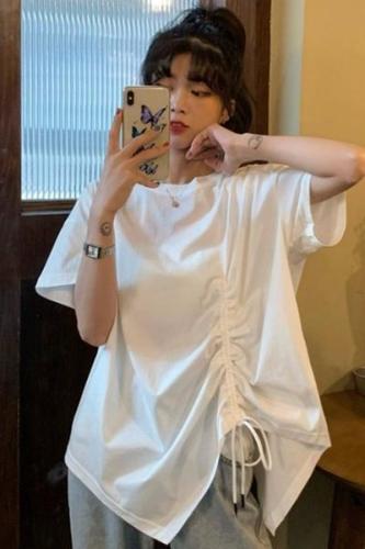 Loose and fat mm Korean college style summer short sleeved T-shirt women's fashion drawstring irregular top fashion