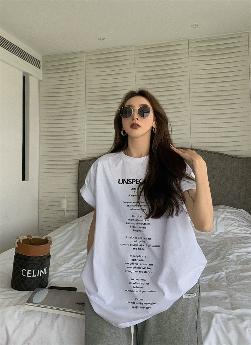 Real price casual loose letter printed medium and long T-shirt