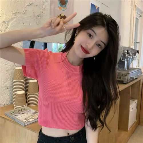 Spring and summer new short round neck top women's ice silk sweater is slim and fashionable