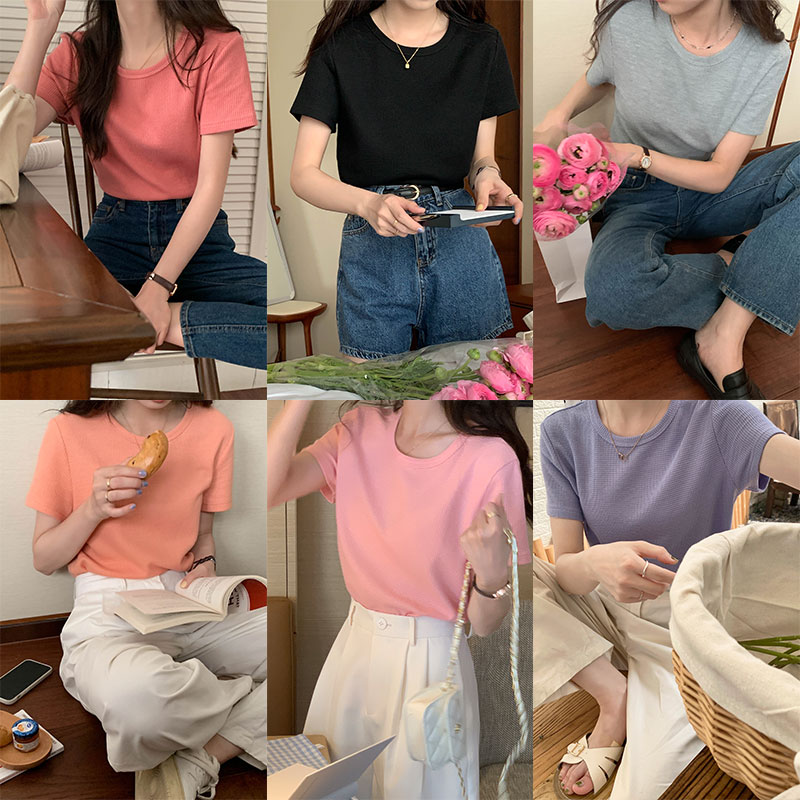 Real shot of Korean chic summer simple pullover style aging round neck waffle loose and versatile T-shirt women