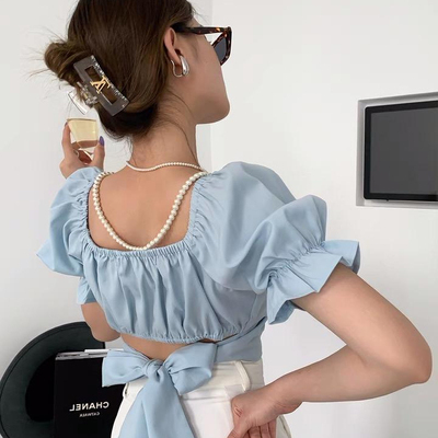 2022 Korean summer design sense of minority bow tie tie tie shirt female heart machine backless thin short top