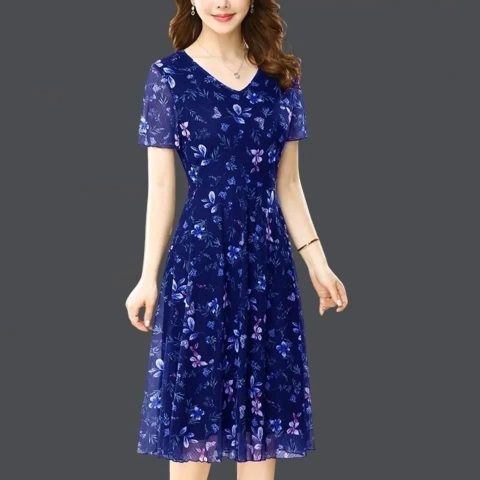 Broken Flower Chiffon dress female summer 2022 new mother's middle-aged short sleeve Taiwan yarn large knee length skirt