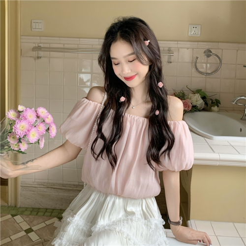 Real shot real price one shoulder chiffon blouse aging French bubble sleeve thin short careful machine top women
