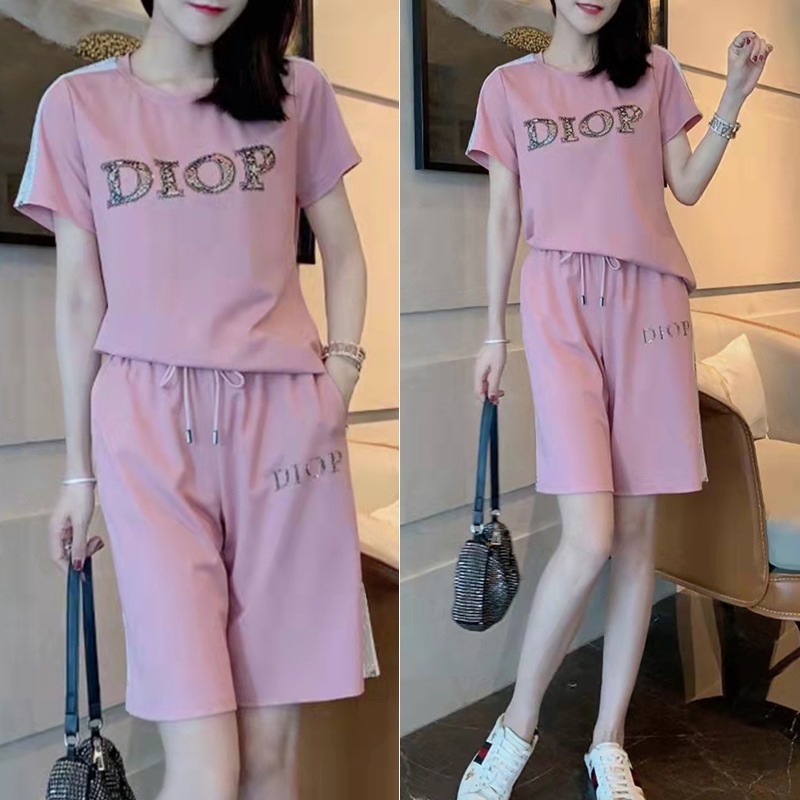 Casual sports suit women's 2022 new Korean summer dress loose large size slim short sleeve five point shorts two-piece set