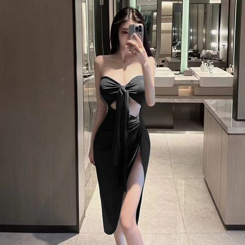 Real shot ~ Sexy rag wrap chest split high waist hollowed out waist hanging neck sexy nightclub dress female