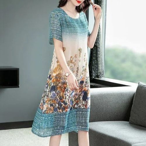 Ice silk dress  middle-aged and elderly large lace mother's summer new short sleeve refreshing knee length skirt women