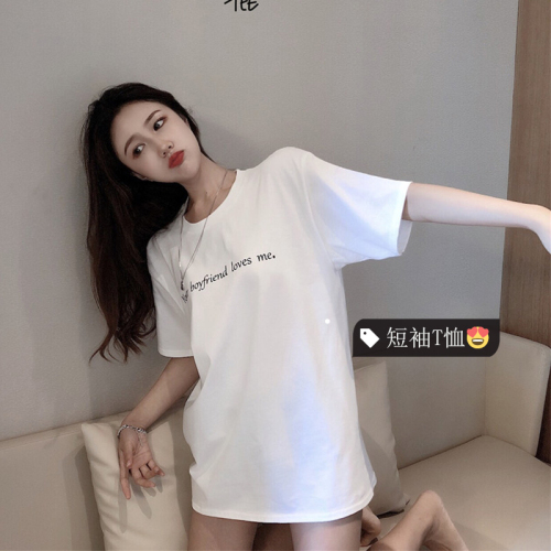 Fashionable summer new Korean ins simple letter printed T-shirt women's loose medium and long short sleeved top