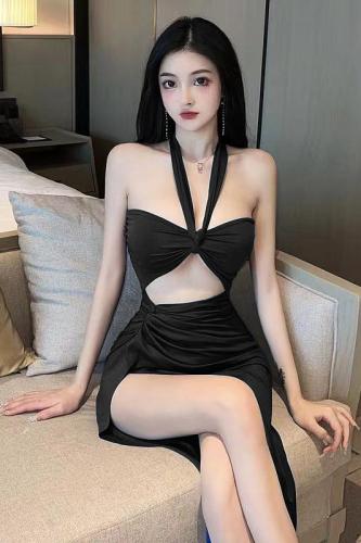 Real shot ~ Sexy rag wrap chest split high waist hollowed out waist hanging neck sexy nightclub dress female